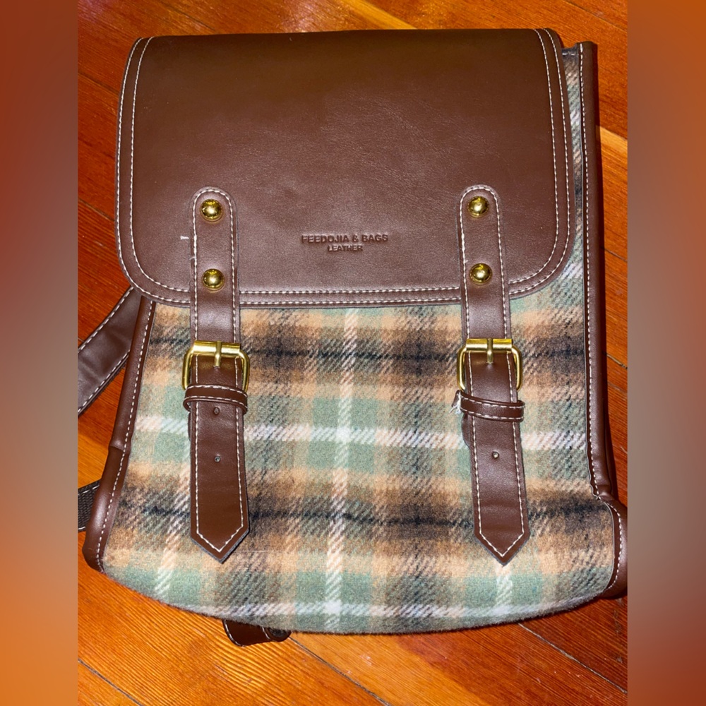 Plaid Messenger Backpack Bag Brown Green Faux Leather Trim